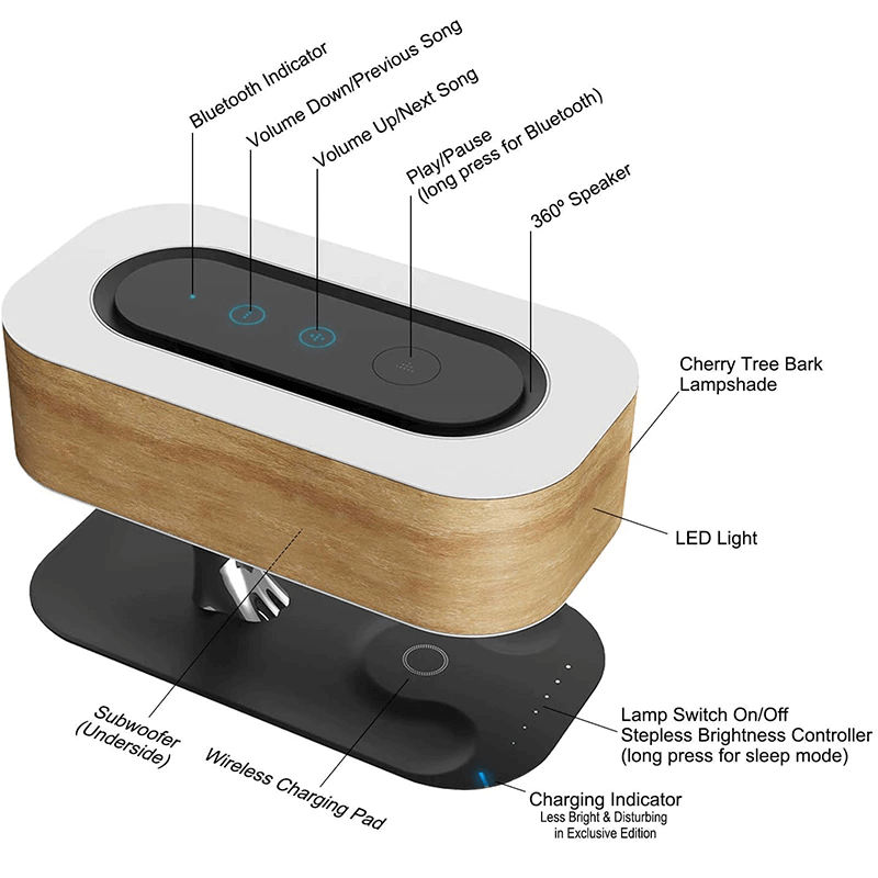 Modern Cherry Tree Led Table Lamp w Wireless Charger & Bluetooth Speakers