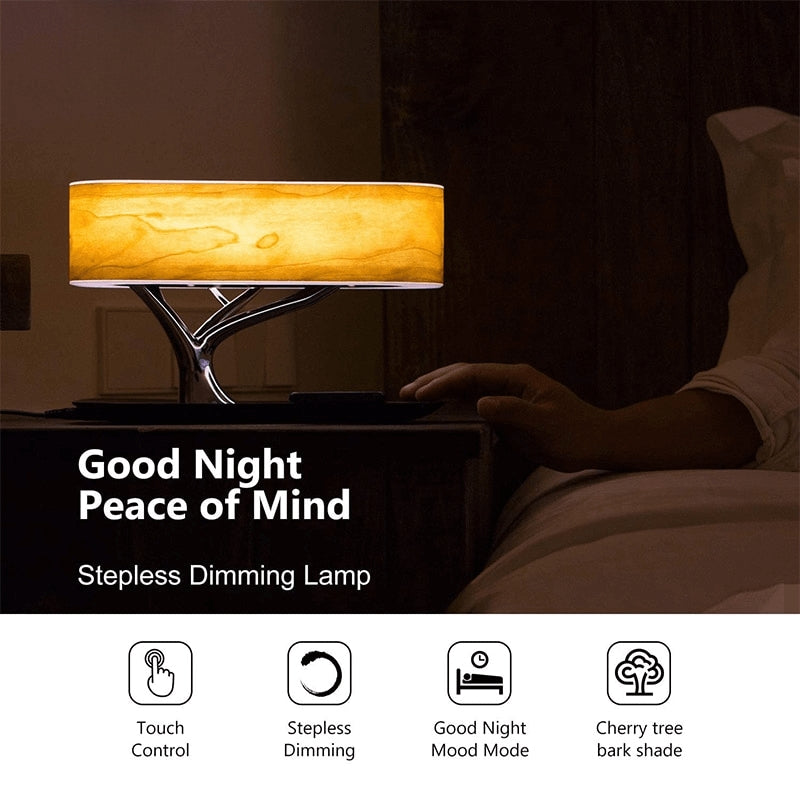 Modern Cherry Tree Led Table Lamp w Wireless Charger & Bluetooth Speakers