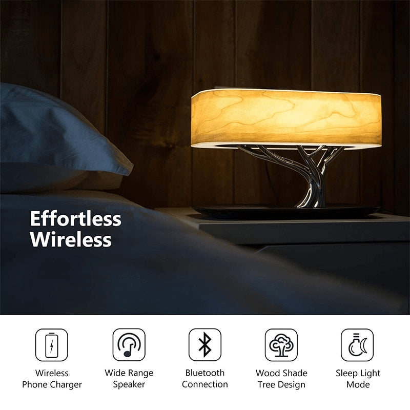 Modern Cherry Tree Led Table Lamp w Wireless Charger & Bluetooth Speakers